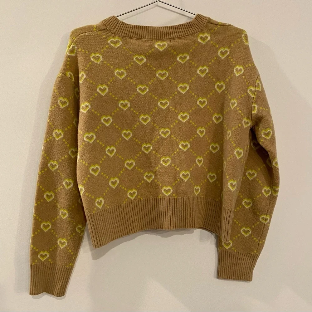 Junior's Witty Fox Brown & Yellow Heart Button Up Cardigan - Picture 2 of 8